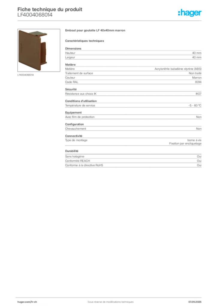 Image Hager Fiche technique du produit LF4004068014 | Hager Suisse