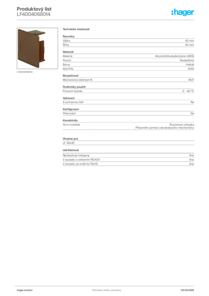 Obrázek Hager Produktový list LF4004068014 | Hager