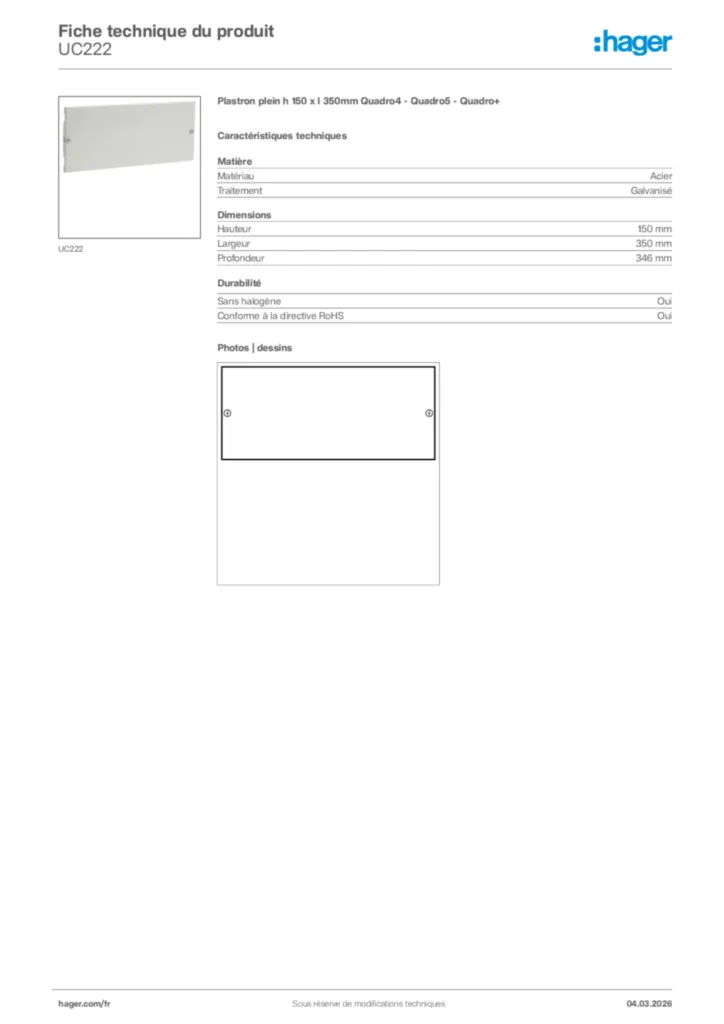 Image Hager Fiche technique du produit UC222 | Hager France