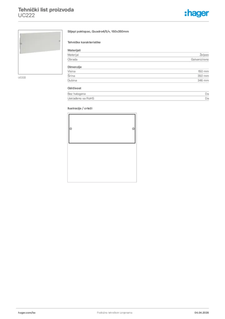 Slika Hager Tehnički list proizvoda UC222  | Hager