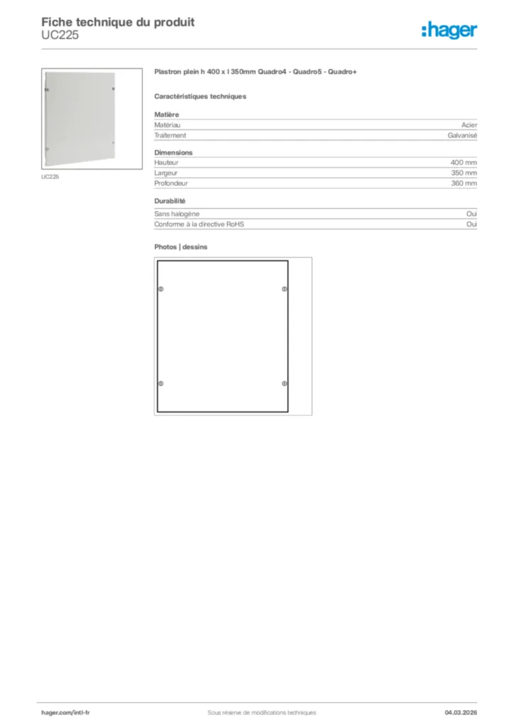 Image Hager Fiche technique du produit UC225 | Hager Afrique