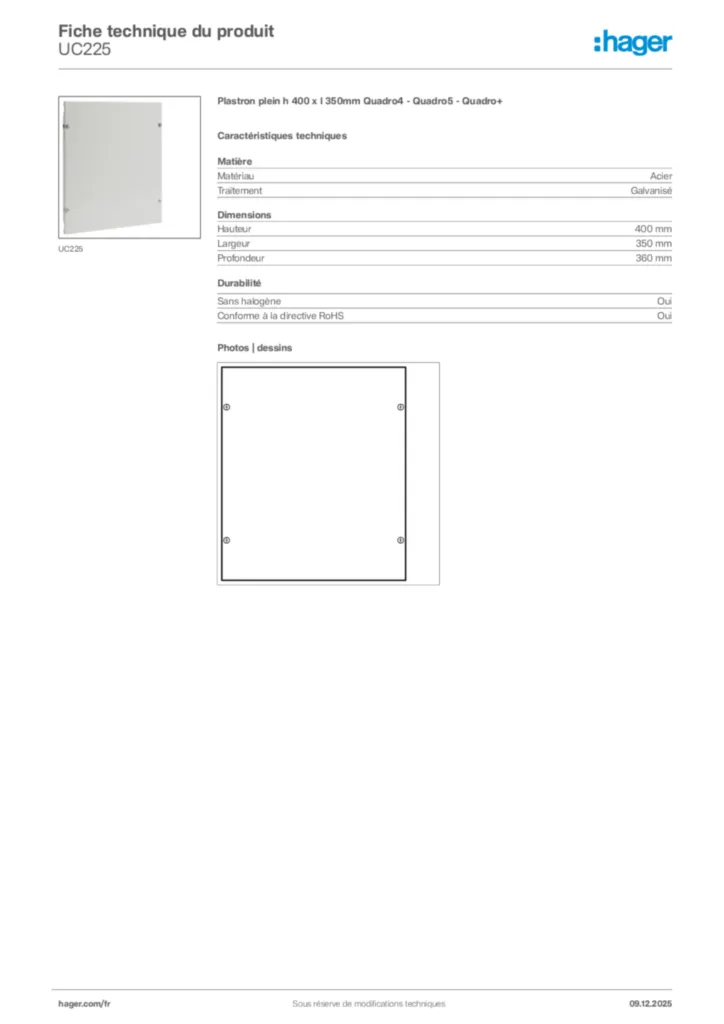 Image Hager Fiche technique du produit UC225 | Hager France