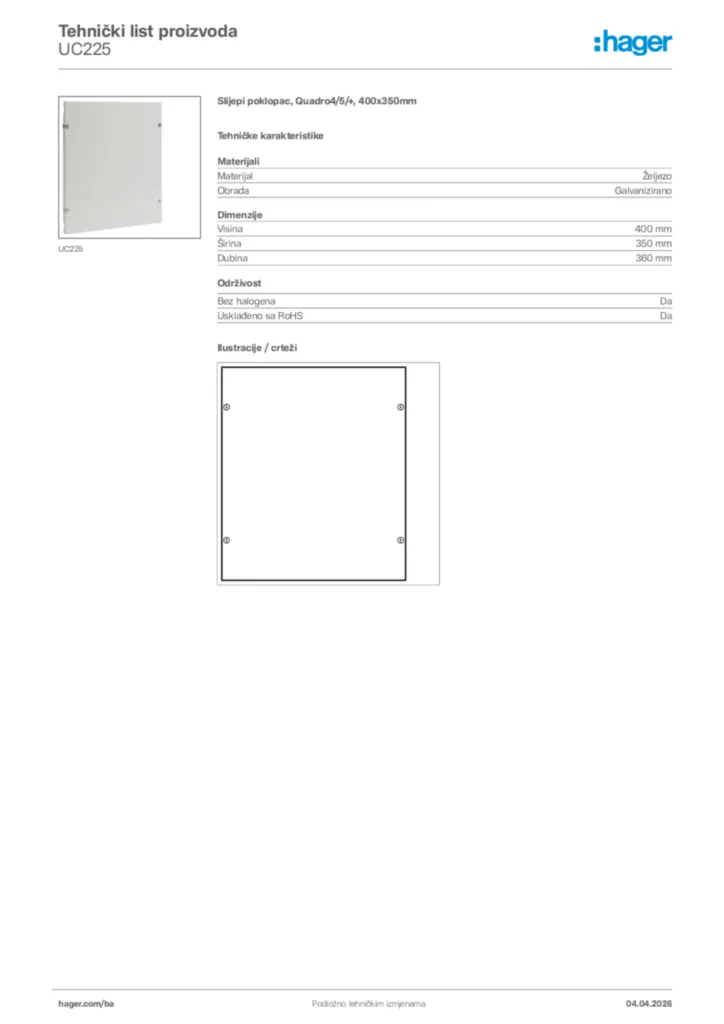 Slika Hager Tehnički list proizvoda UC225  | Hager