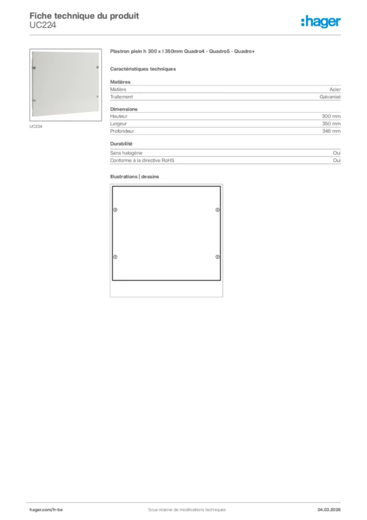 Image Hager Fiche technique du produit UC224 | Hager Belgique