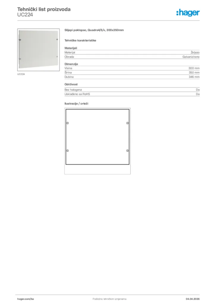 Slika Hager Tehnički list proizvoda UC224  | Hager