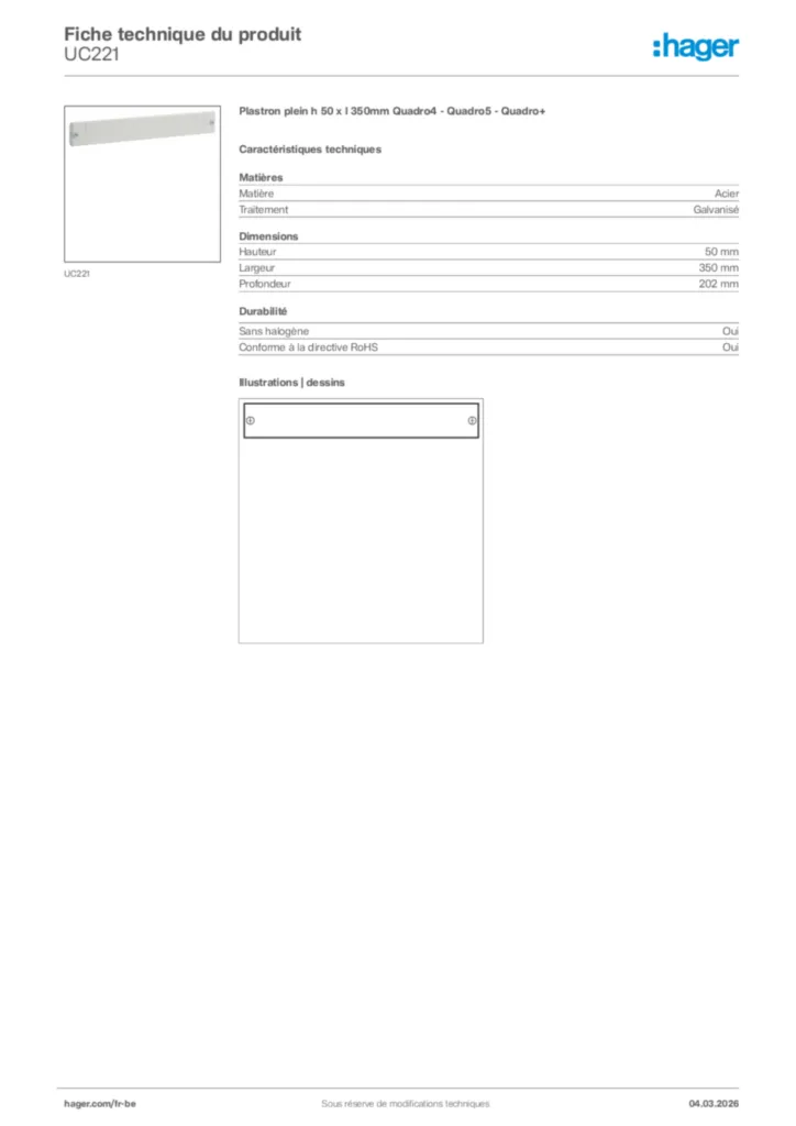 Image Hager Fiche technique du produit UC221 | Hager Belgique
