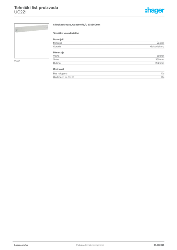 Slika Hager Product data sheet UC221  | Hager