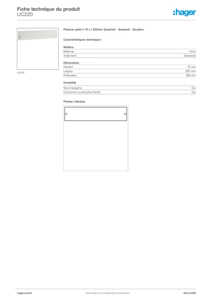 Image Hager Fiche technique du produit UC220 | Hager France