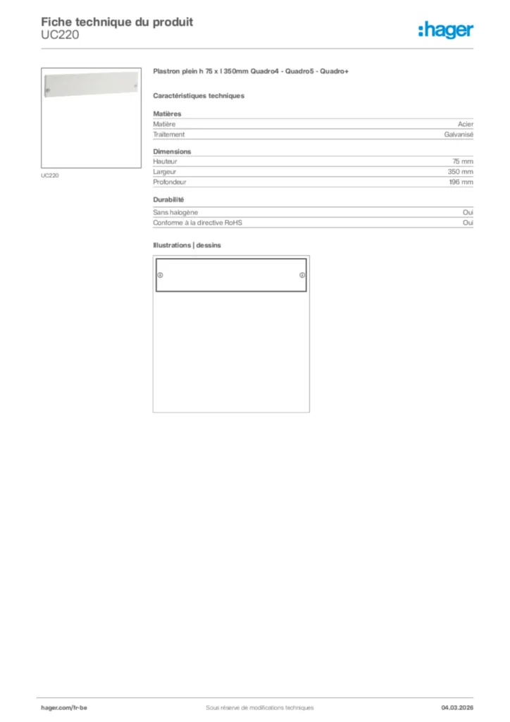 Image Hager Fiche technique du produit UC220 | Hager Belgique