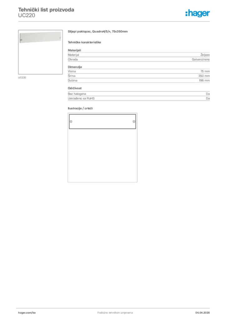 Slika Hager Tehnički list proizvoda UC220  | Hager