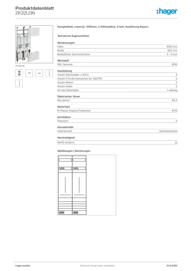Bild Hager Produktdatenblatt ZK32U3N | Hager Deutschland