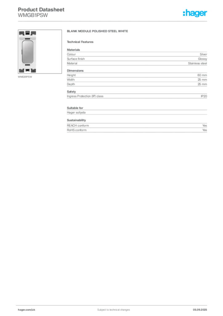 Image Hager Product data sheet WMGB1PSW  | Hager