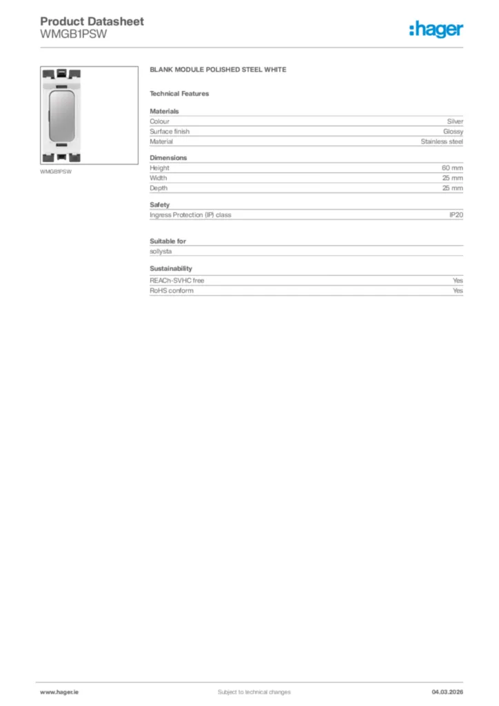 Image Hager Product data sheet WMGB1PSW  | Hager