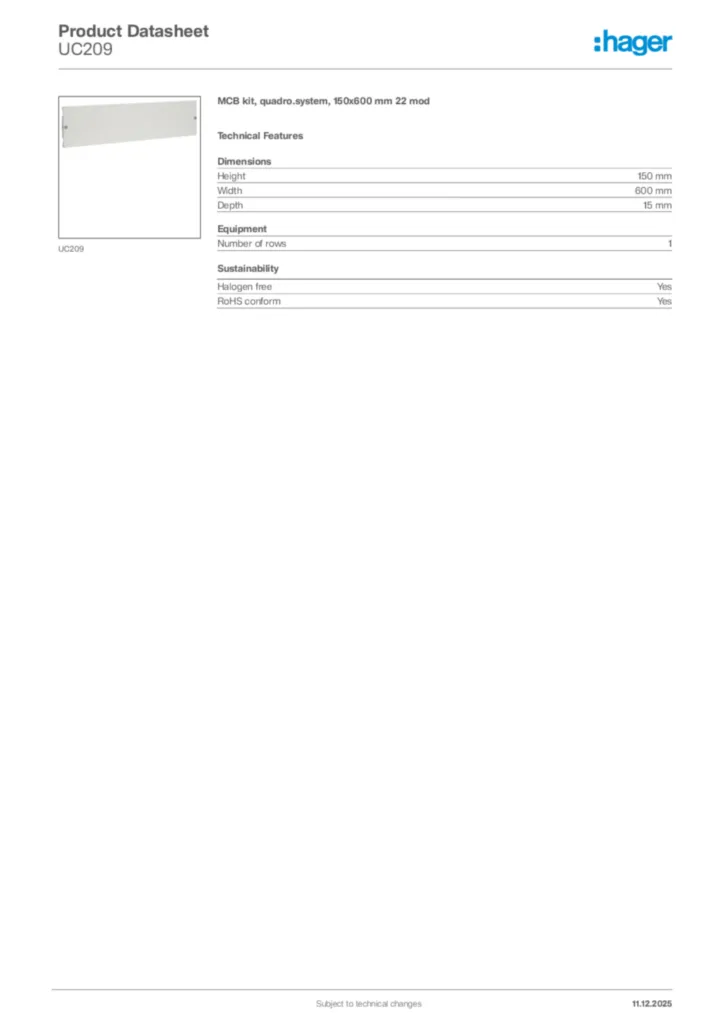 Image Hager Product data sheet UC209  | Hager Africa