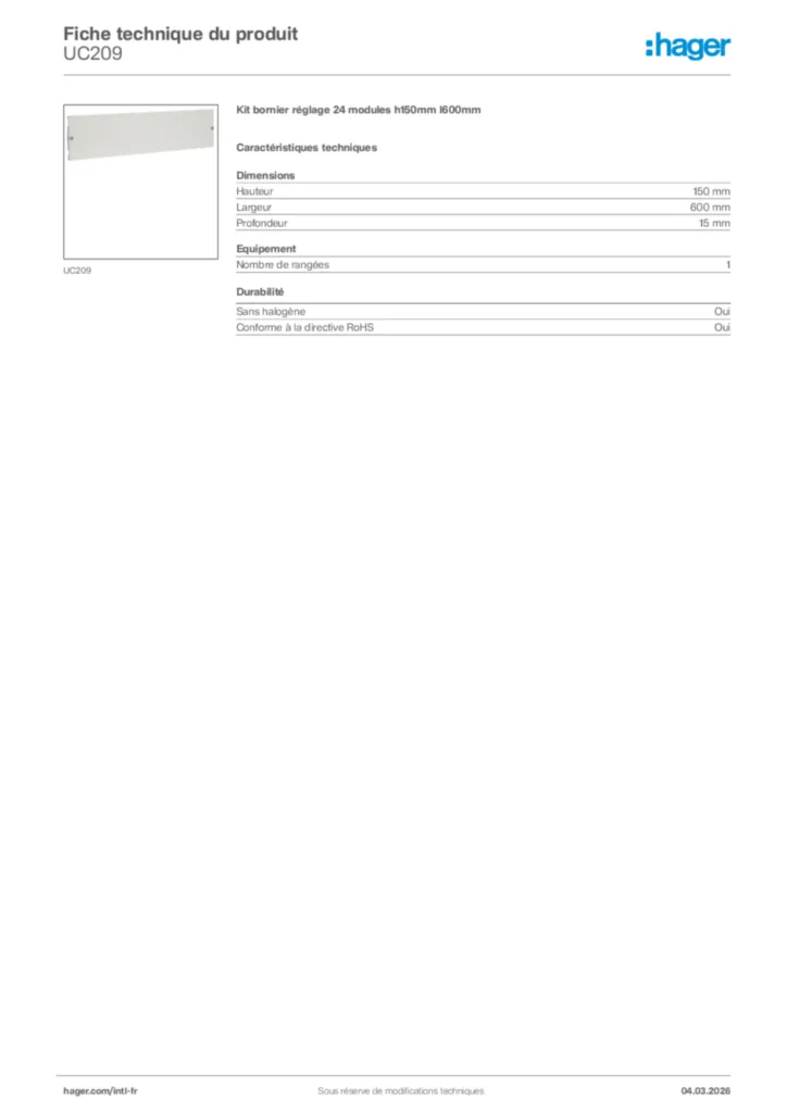 Image Hager Fiche technique du produit UC209 | Hager Afrique