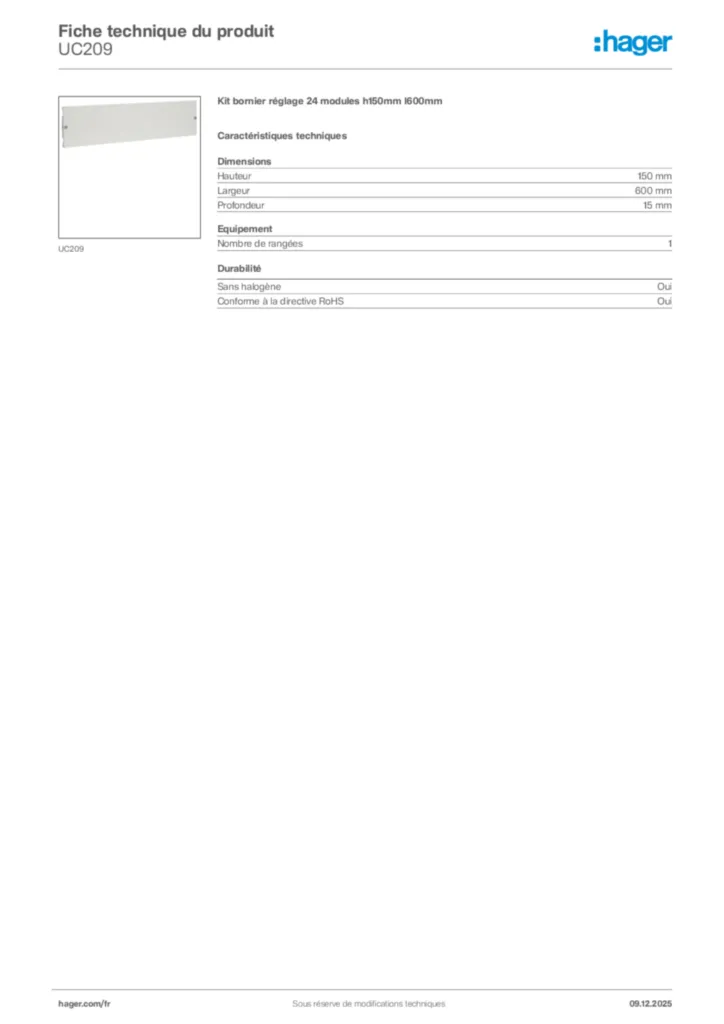Image Hager Fiche technique du produit UC209 | Hager France