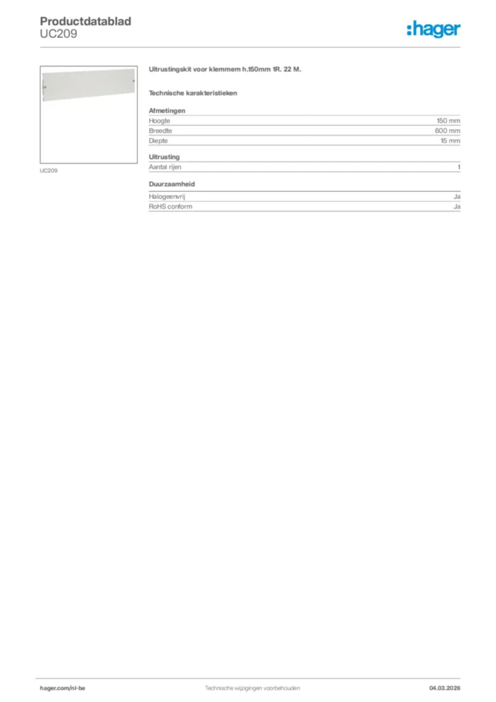Afbeelding Hager Productdatablad UC209 | Hager Belgium
