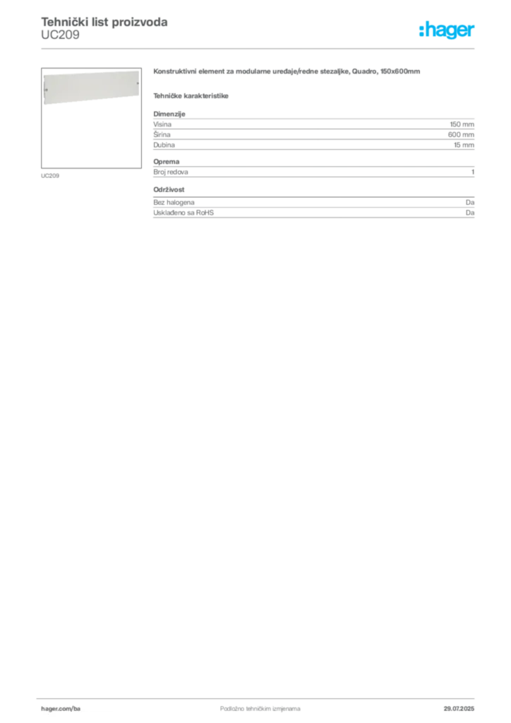 Slika Hager Product data sheet UC209  | Hager