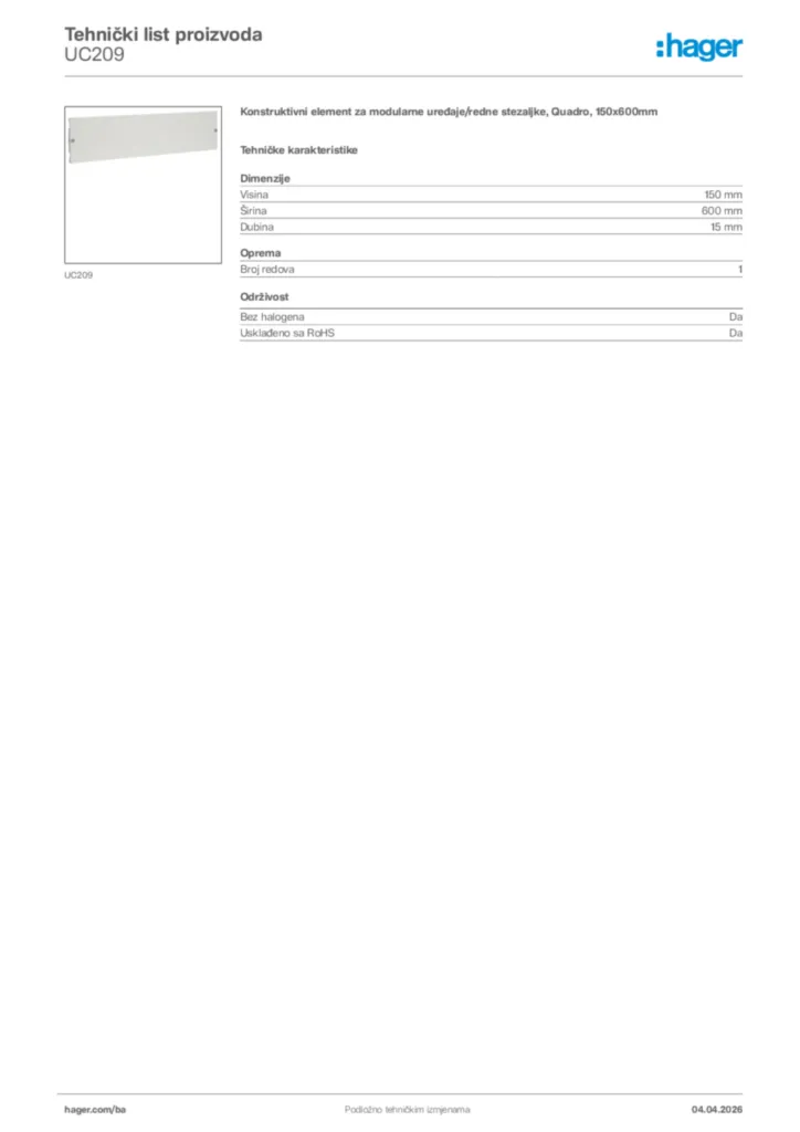 Slika Hager Tehnički list proizvoda UC209  | Hager