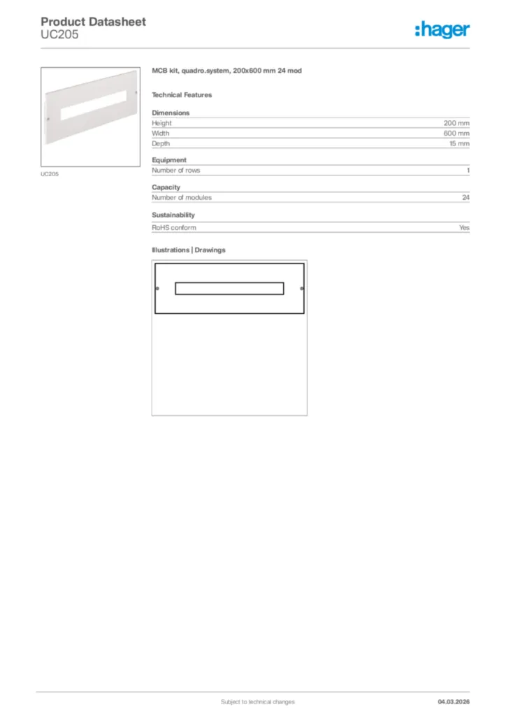 Image Hager Product data sheet UC205  | Hager Africa