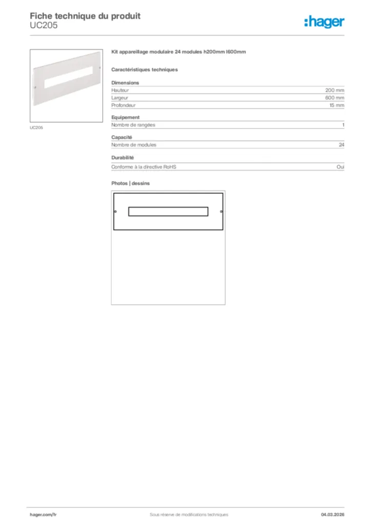 Image Hager Fiche technique du produit UC205 | Hager France
