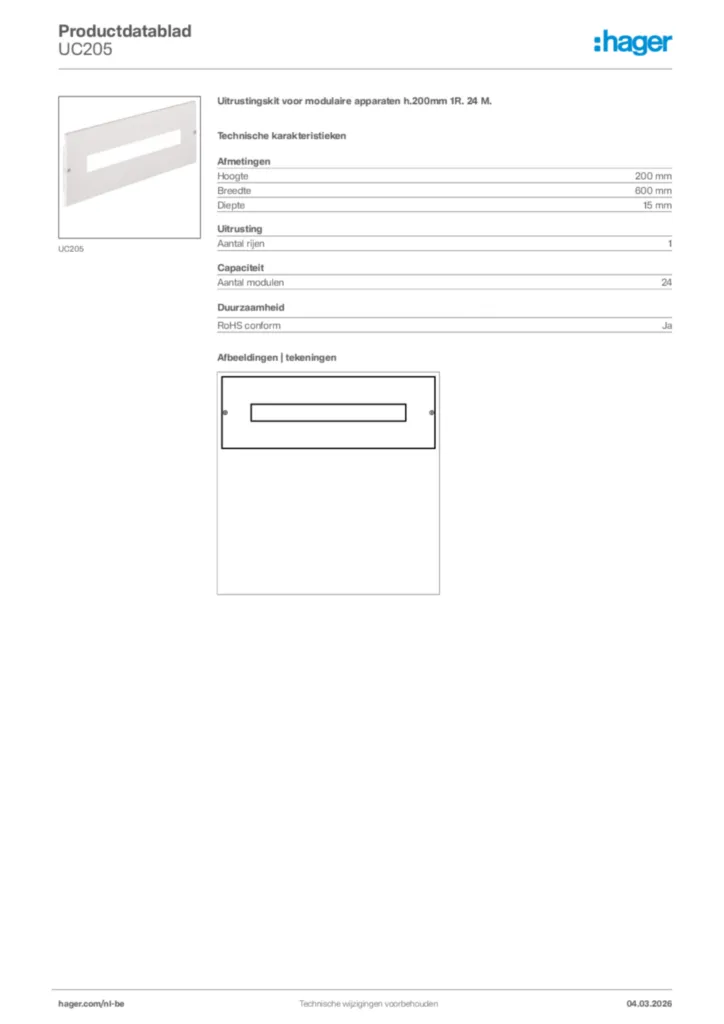 Afbeelding Hager Productdatablad UC205 | Hager Belgium