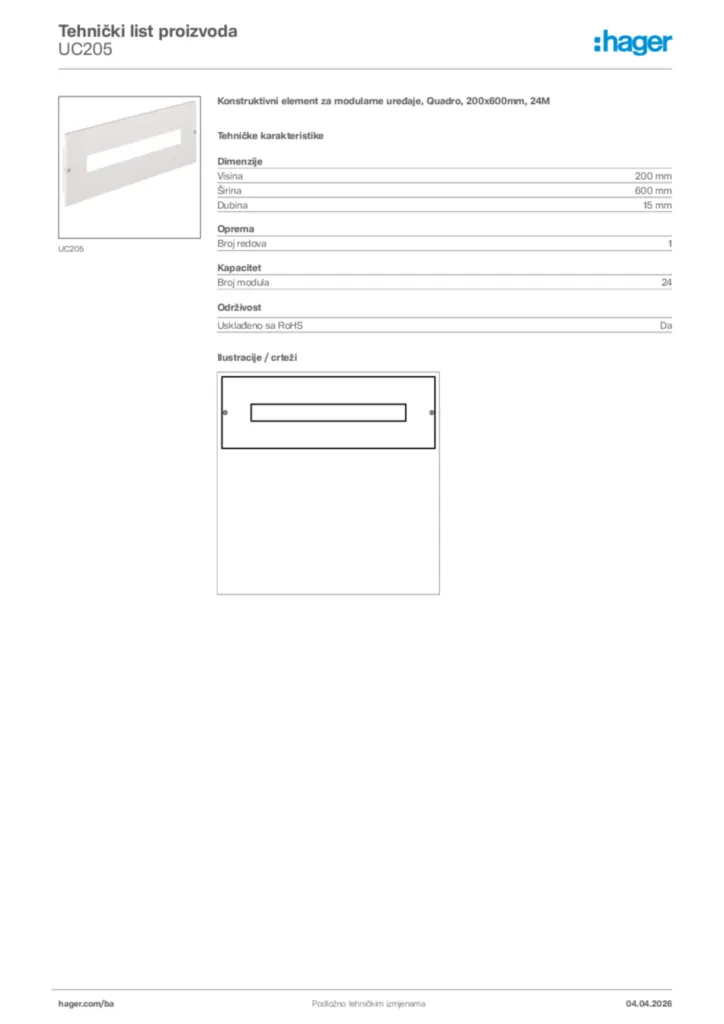 Slika Hager Tehnički list proizvoda UC205  | Hager