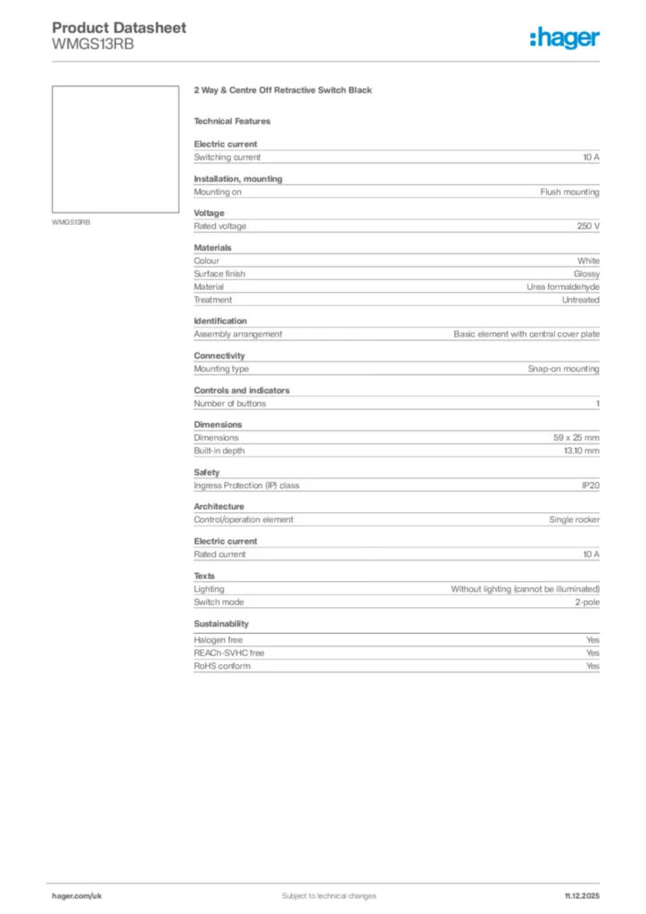 Image Hager Product data sheet WMGS13RB  | Hager
