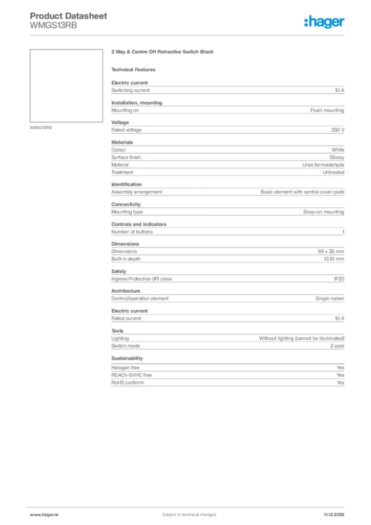 Image Hager Product data sheet WMGS13RB  | Hager