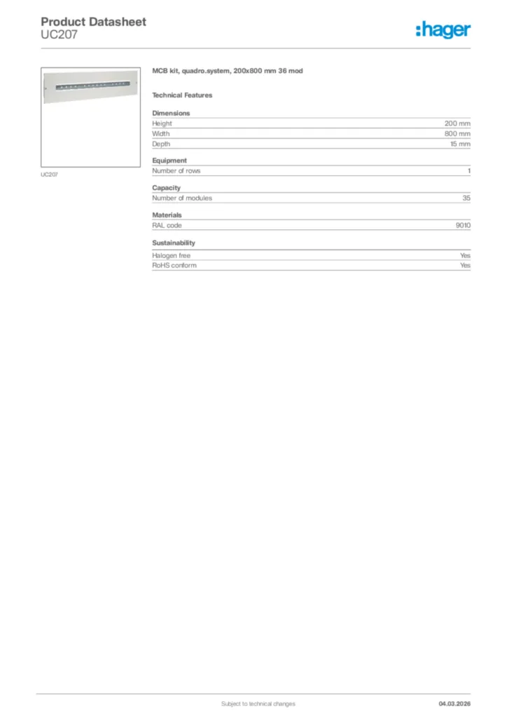 Image Hager Product data sheet UC207  | Hager Africa