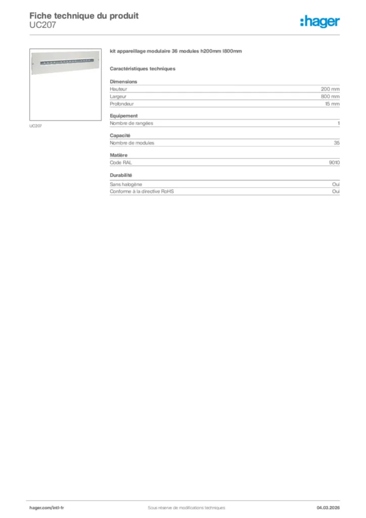 Image Hager Fiche technique du produit UC207 | Hager Afrique