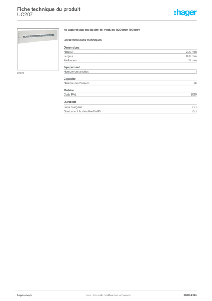 Image Hager Fiche technique du produit UC207 | Hager France