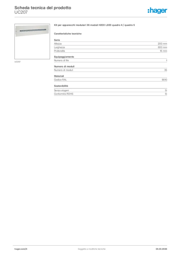 Immagine Hager Scheda tecnica del prodotto UC207 | Hager Italia