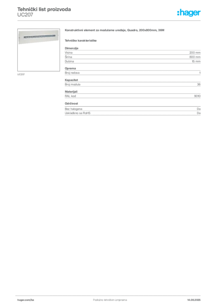Slika Hager Product data sheet UC207  | Hager