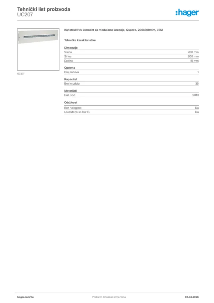 Slika Hager Tehnički list proizvoda UC207  | Hager