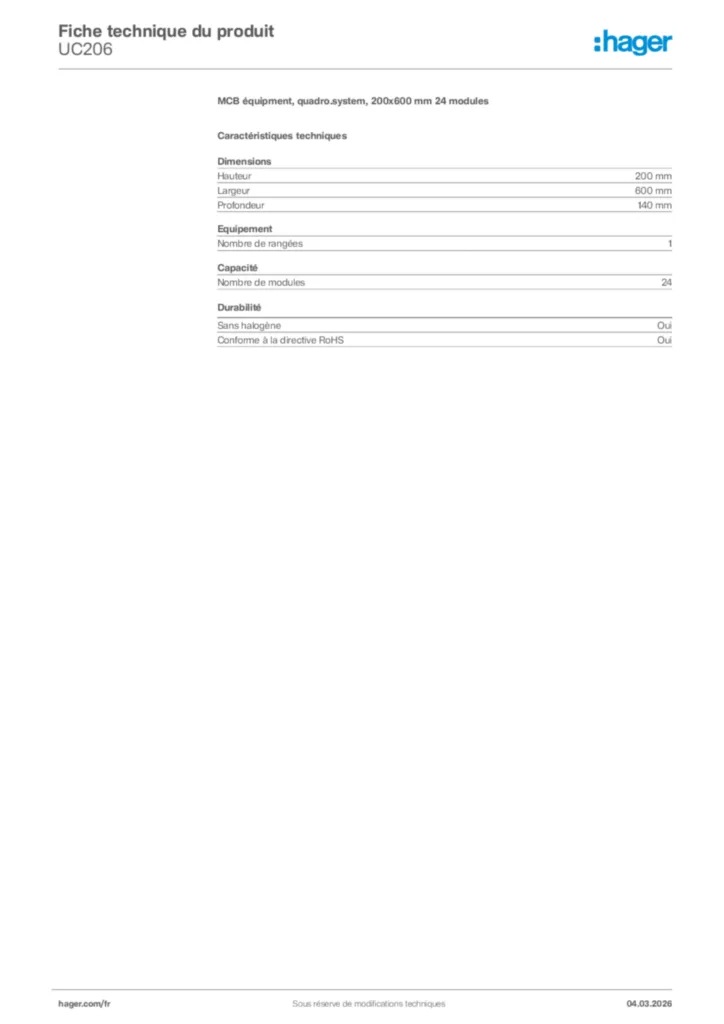 Image Hager Fiche technique du produit UC206 | Hager France