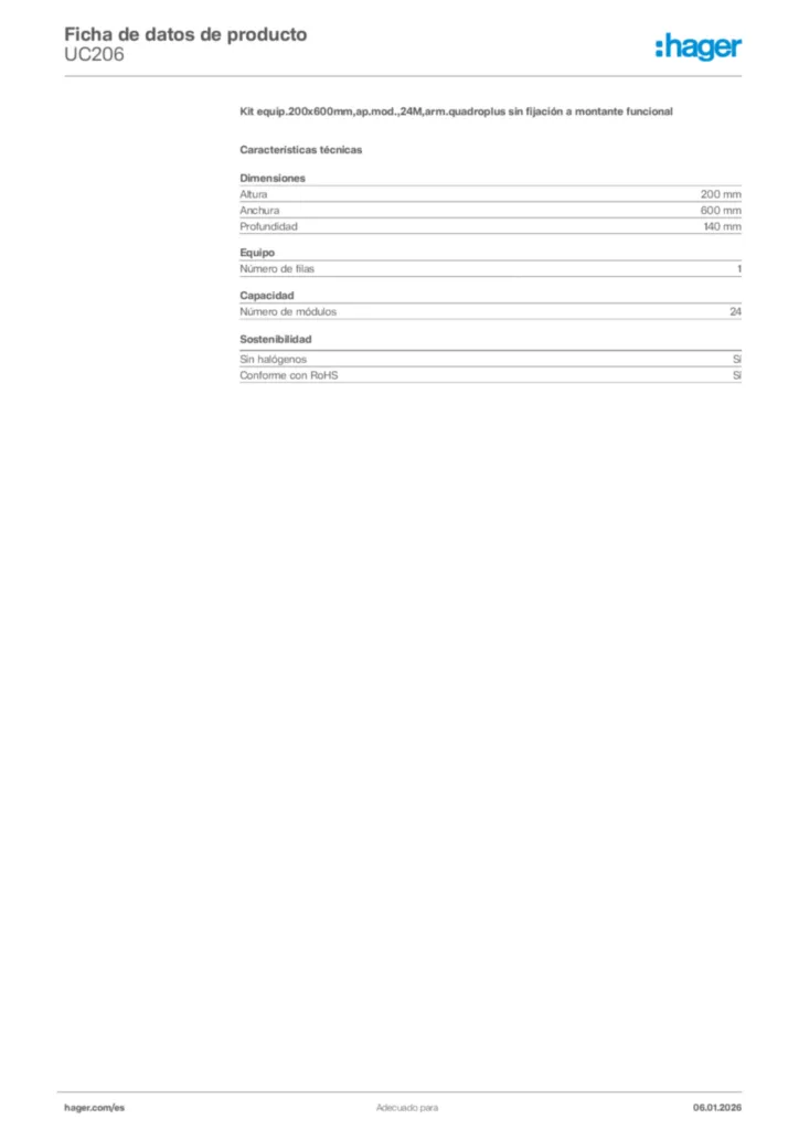 Imagen Hager Ficha de datos de producto UC206 | Hager España