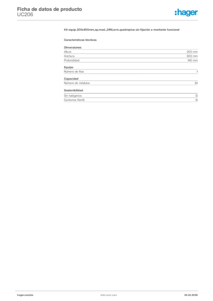 Imagen Hager Ficha de datos de producto UC206 | Hager España