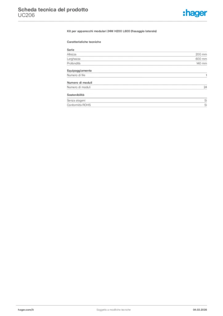Immagine Hager Scheda tecnica del prodotto UC206 | Hager Italia
