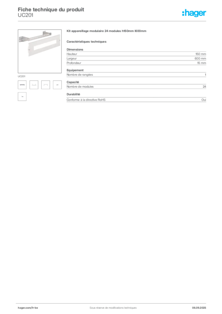 Image Hager Fiche technique du produit UC201 | Hager Belgique