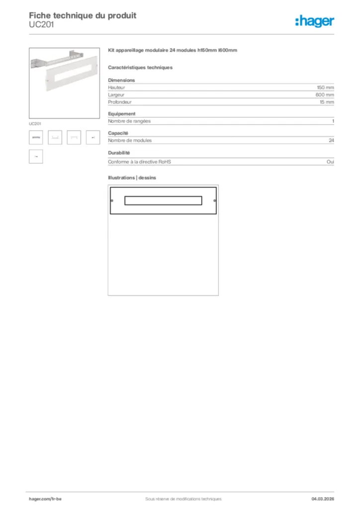 Image Hager Fiche technique du produit UC201 | Hager Belgique