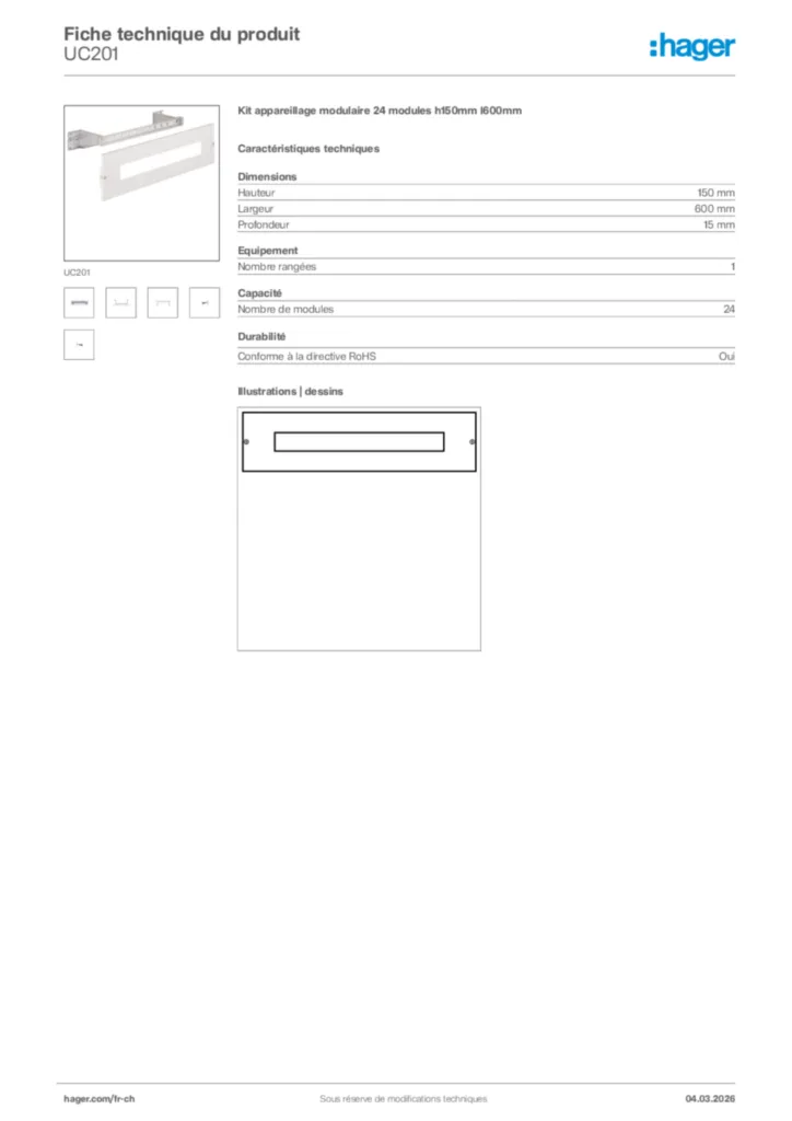 Image Hager Fiche technique du produit UC201 | Hager Suisse