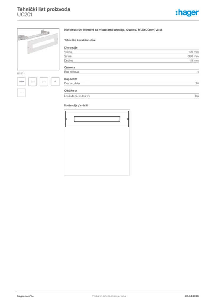 Slika Hager Tehnički list proizvoda UC201  | Hager