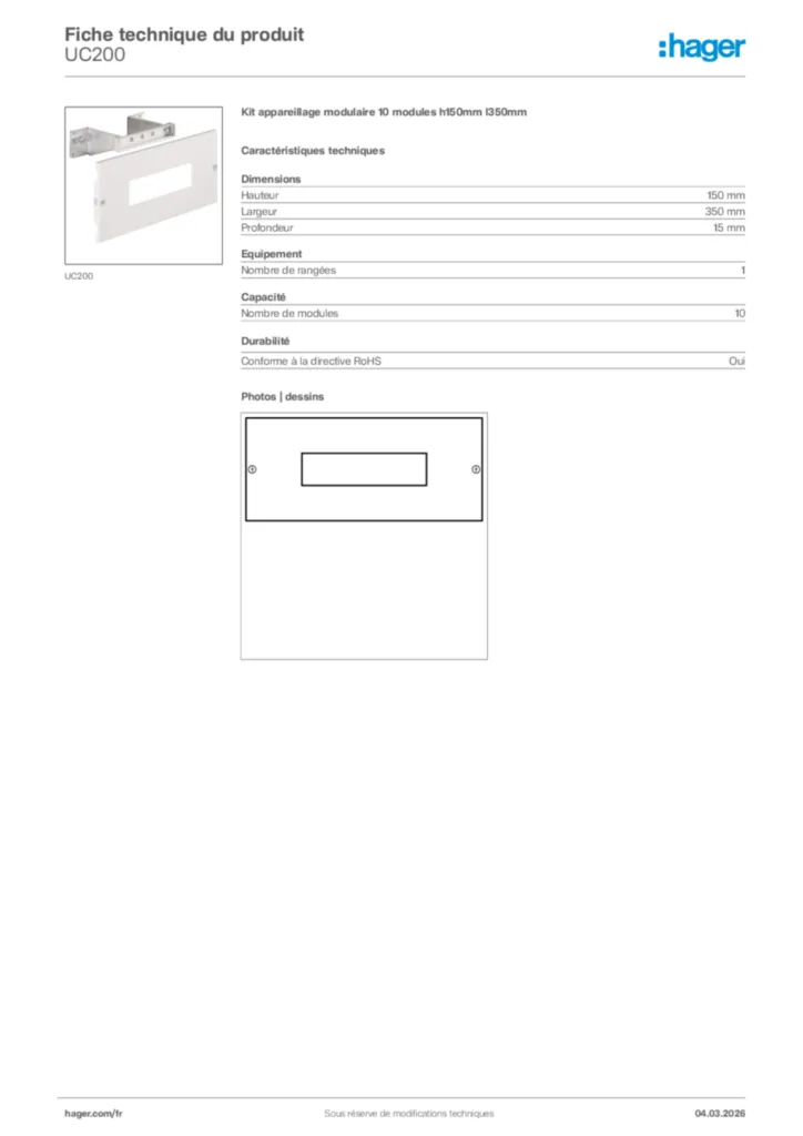 Image Hager Fiche technique du produit UC200 | Hager France