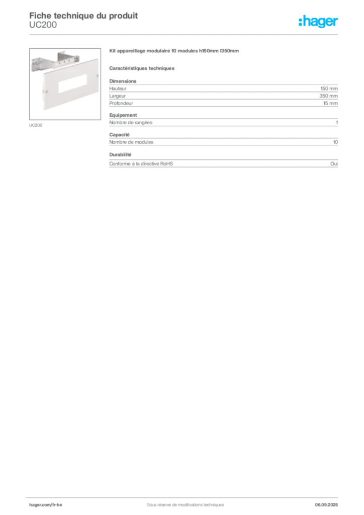 Image Hager Fiche technique du produit UC200 | Hager Belgique