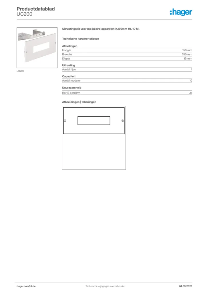 Afbeelding Hager Productdatablad UC200 | Hager Belgium