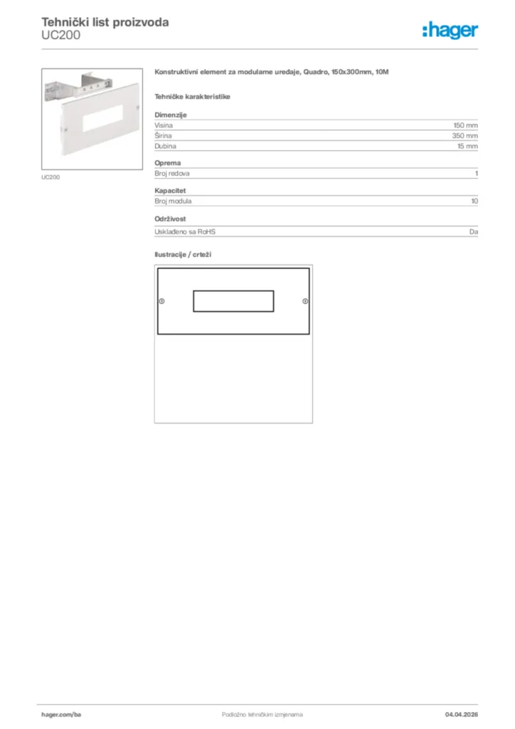 Slika Hager Tehnički list proizvoda UC200  | Hager