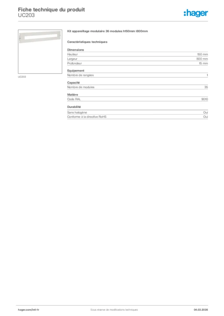 Image Hager Fiche technique du produit UC203 | Hager Afrique