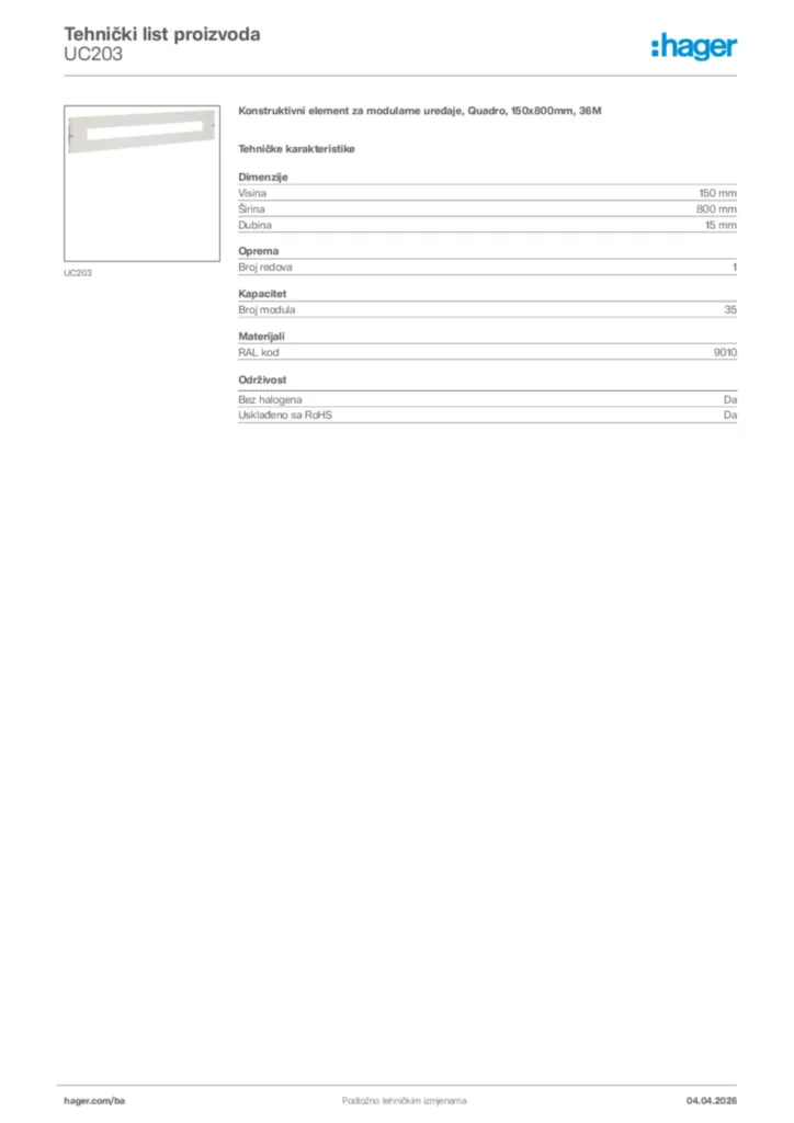 Slika Hager Tehnički list proizvoda UC203  | Hager