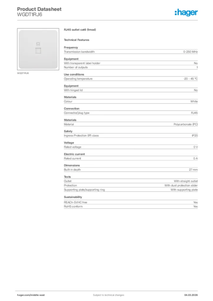 Image Hager Product data sheet WGDT1RJ6  | Hager